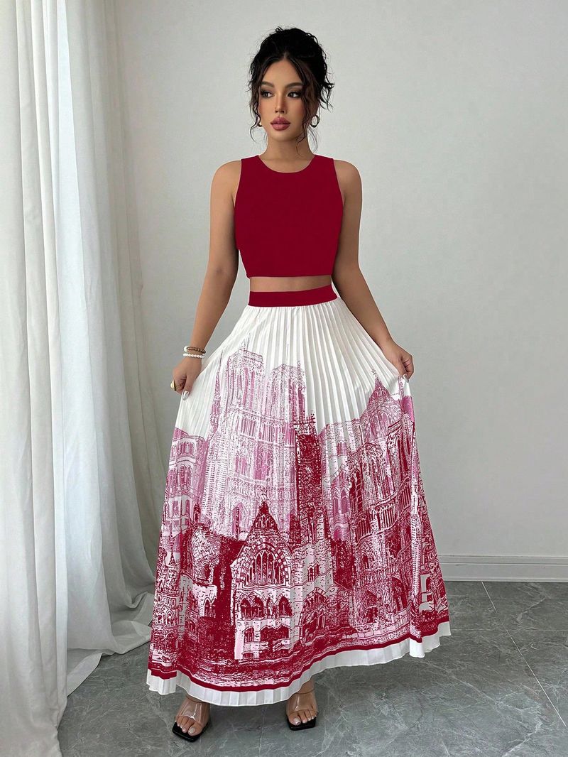 Ärmelloses Sommerkleid-Set mit Aquarelldruck – fließender High-Low-Rock und einfarbiges Tanktop, vielseitiges zweiteiliges Outfit für Damen_voghion.com