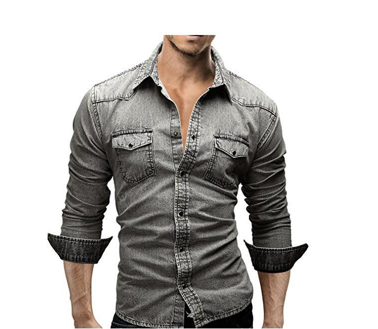 Neu Langarm Stil Jugend Casual Einfarbig Patchwork Denim Shirt männer_voghion.com