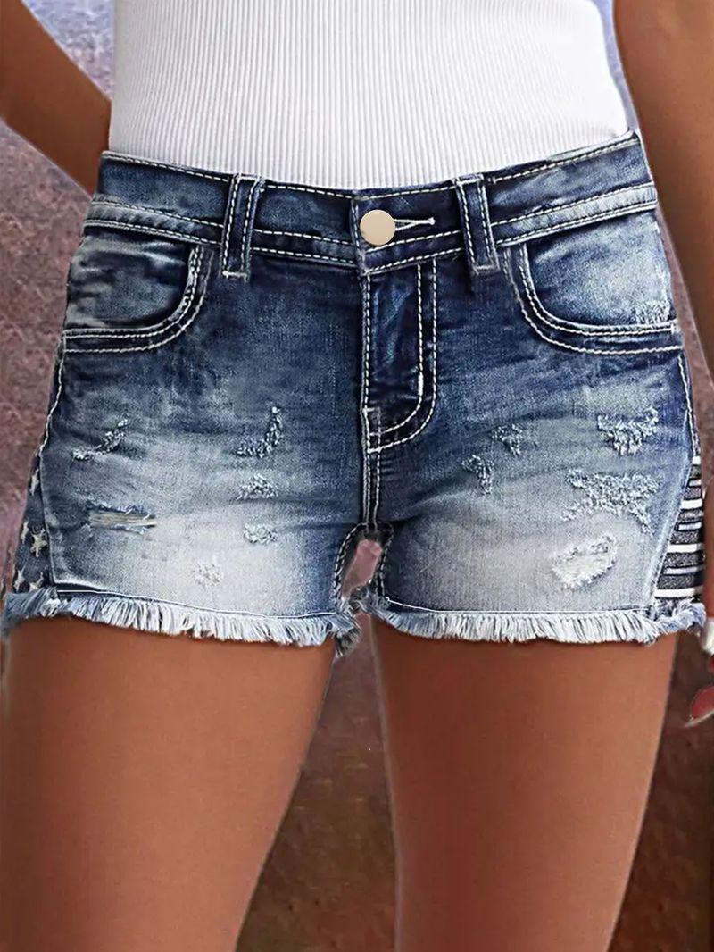 Pantaloncini in denim strappati ricamati con toppa elastica da donna, alla moda_voghion.com