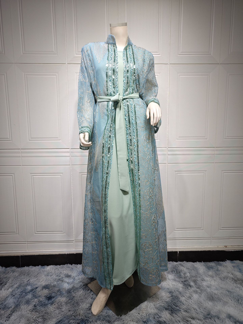 Damenbekleidung, Naher Osten, muslimische Robe, zweiteiliges Set mit Gürtel, Dubai-Kleid, elegante Strickjacke, langer Rock_voghion.com