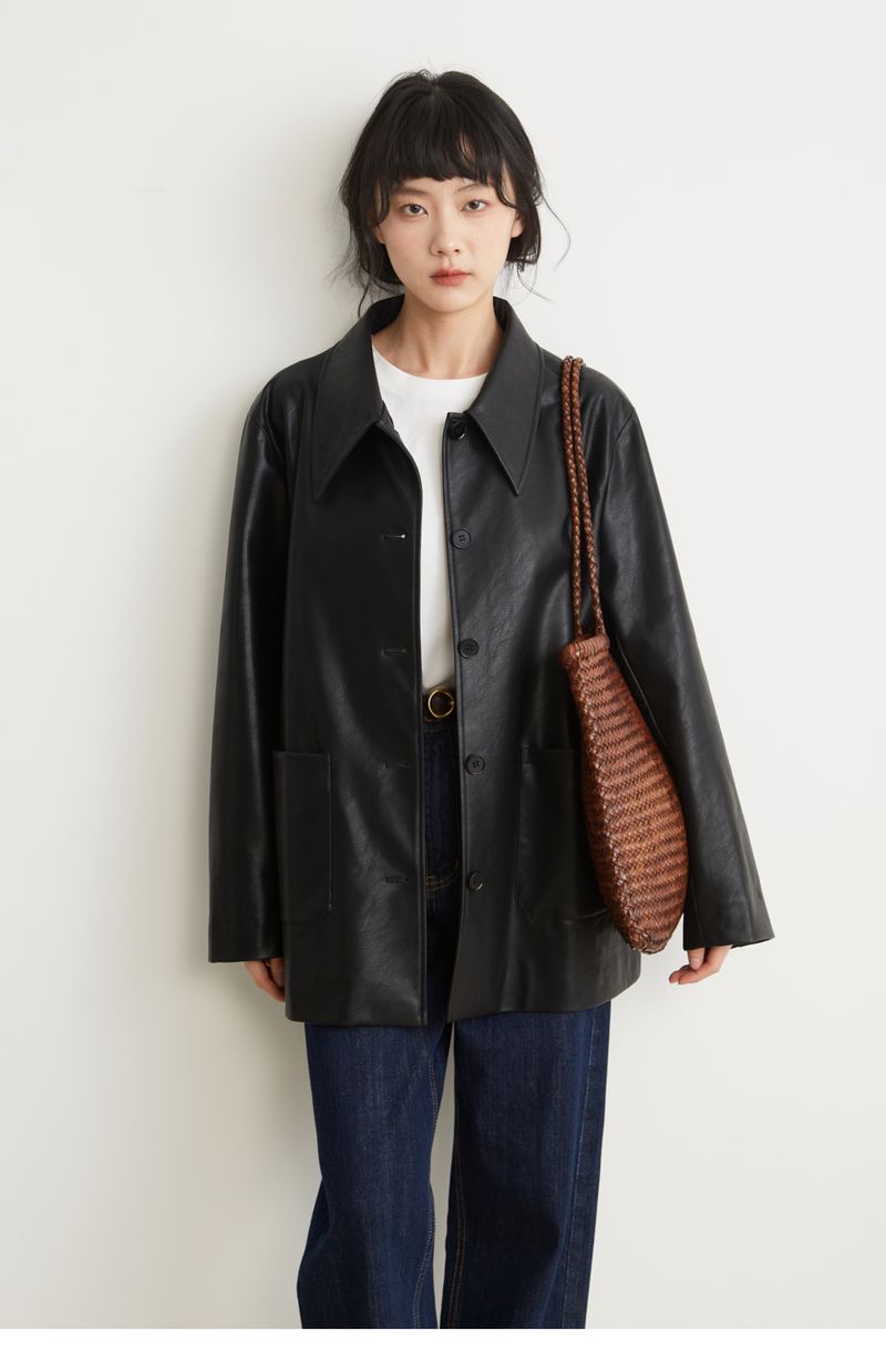 Schwarz für Damen, 2024 Herbst neuer Style, cool und lässig, kleiner spitzer Kragen, umweltfreundliches Ledertop_voghion.com