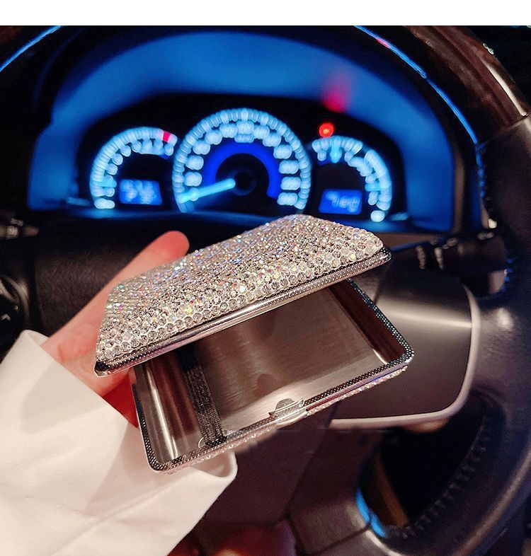 Estuche de acero inoxidable con doble cara de diamantes de imitación: soporte de lujo personalizable con espejo (cuadrado/rectangular, elegante y duradero)_voghion.com