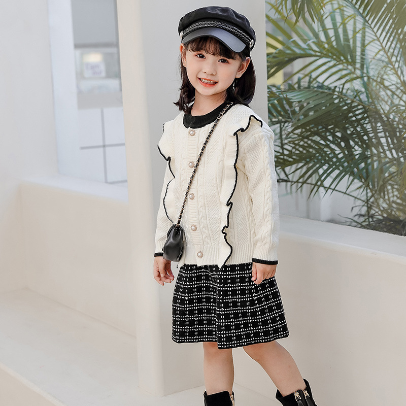 Pull tricoté à une rangée de col rond pour fille, ensemble deux pièces plissé à carreaux, cardigan court, style parfumé, petit style parfumé_voghion.com
