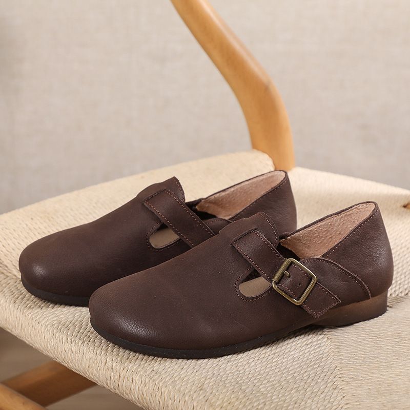 Scarpe casual da donna in vera pelle con punta rotonda, stile New Forest, estive 2025, pigre e piatte, modello primo strato, 2106-3_voghion.com