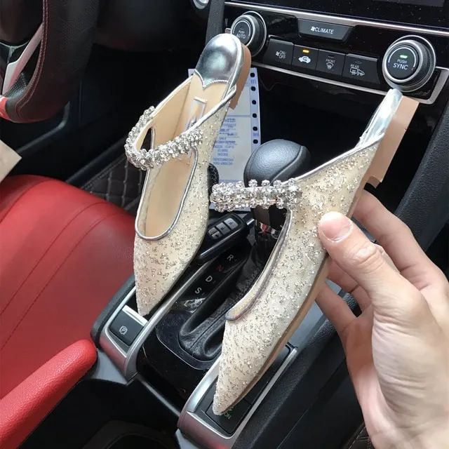 Pantoletten mit Strasssteinen und spitzer Spitze für Damen, flache Outdoor-Pantoletten, High Heels mit offener Rückseite_voghion.com