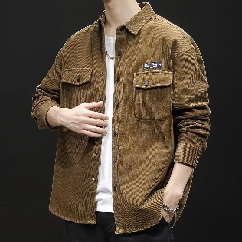 Corduroy shirt, men's spring and autumn trendy work shirt, men's loose casual coat, long sleeved spring and autumn top_voghion.com
