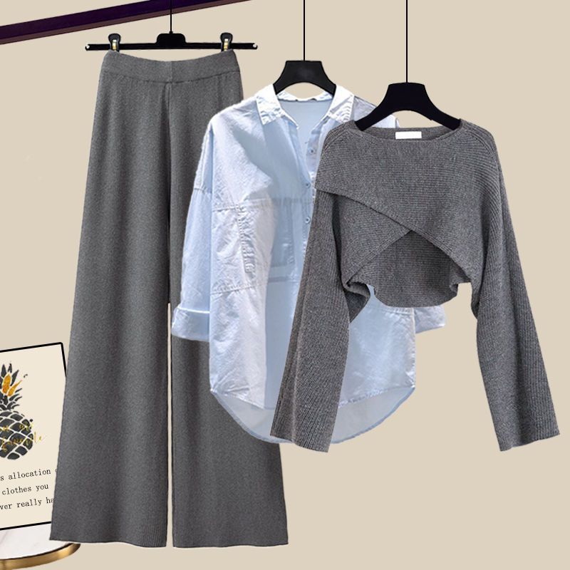 Women’s Clothing Fashion autumn suit women sweater women new large size women's shirt wide leg pants three piece knitted slim_voghion.com