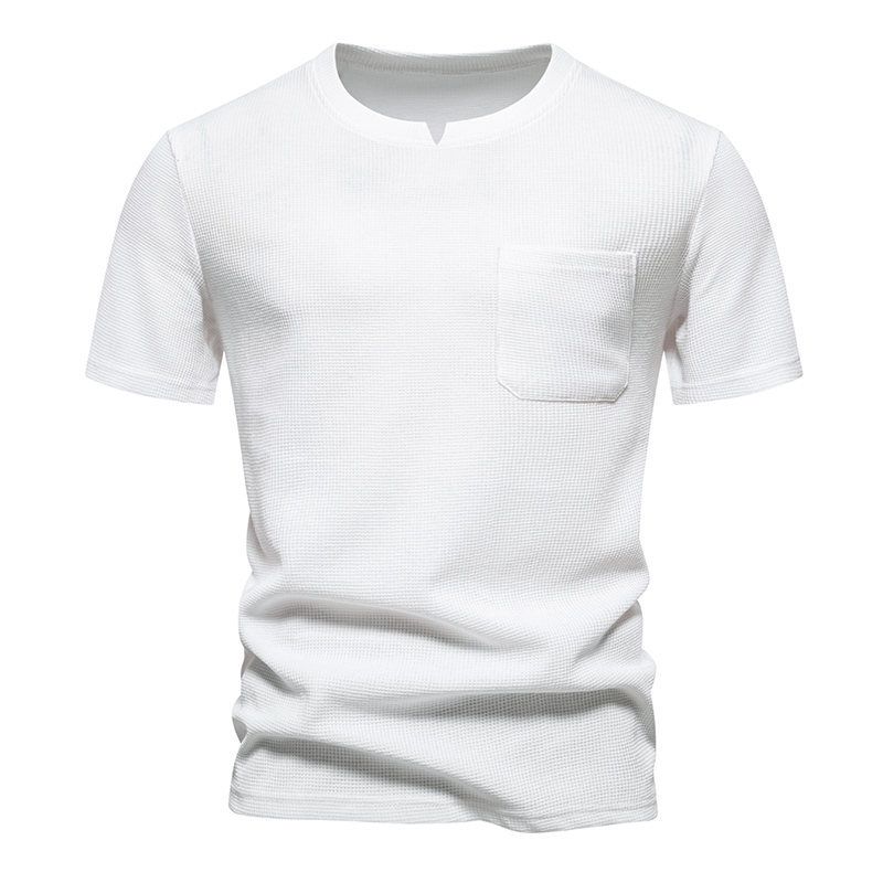 Summer New European Size Solid Color Small V-neck Pocket Panel Men's Short Sleeved T-shirt_voghion.com