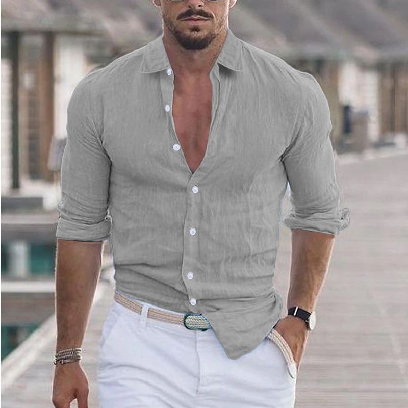 Camicia da spiaggia estiva da uomo in cotone e lino con risvolto, a maniche lunghe, tinta unita, per le vacanze hawaiane_voghion.com