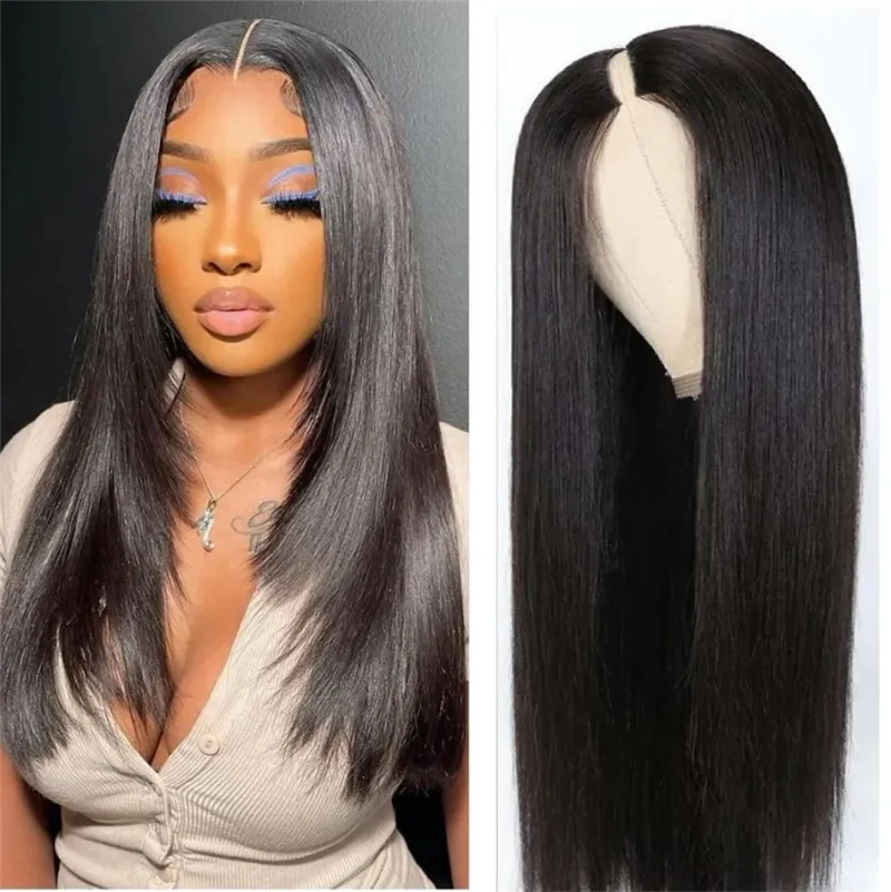 Pelucas de cabello humano liso completamente hechas a máquina, con parte en V, cabello Remy brasileño, color natural, sin omisiones, pelucas mejoradas de 18 a 24 pulgadas_voghion.com