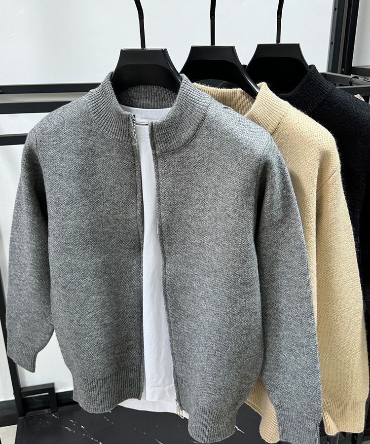 Minimalist Zip-Up Knit Sweater – Solid Color Lightweight Cardigan For Men (Stand Collar, Machine Washable, Acrylic Blend, Gray/Black/Cream, )_voghion.com