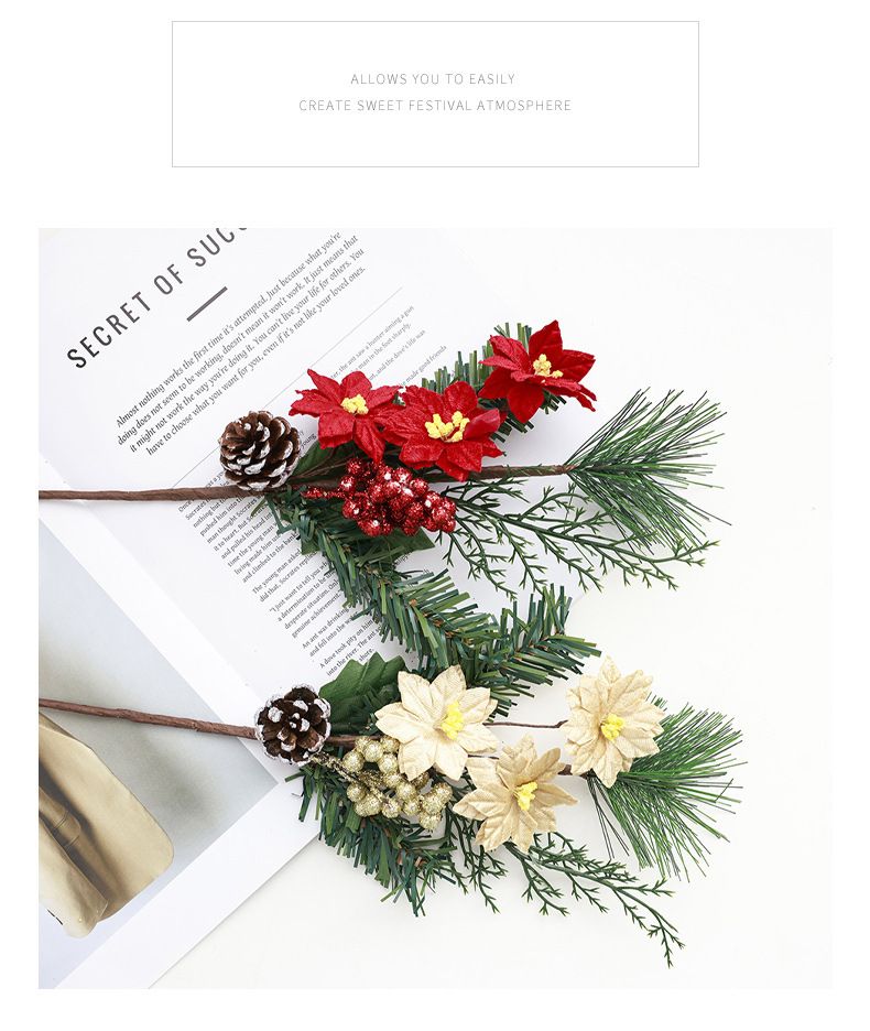 Weihnachts-Tannennadel-Schnittblumen-Simulation, grüne Pflanze, rote Beeren, Tannenzapfen, DIY, handgefertigte Dekorationen können verpackt werden_voghion.com
