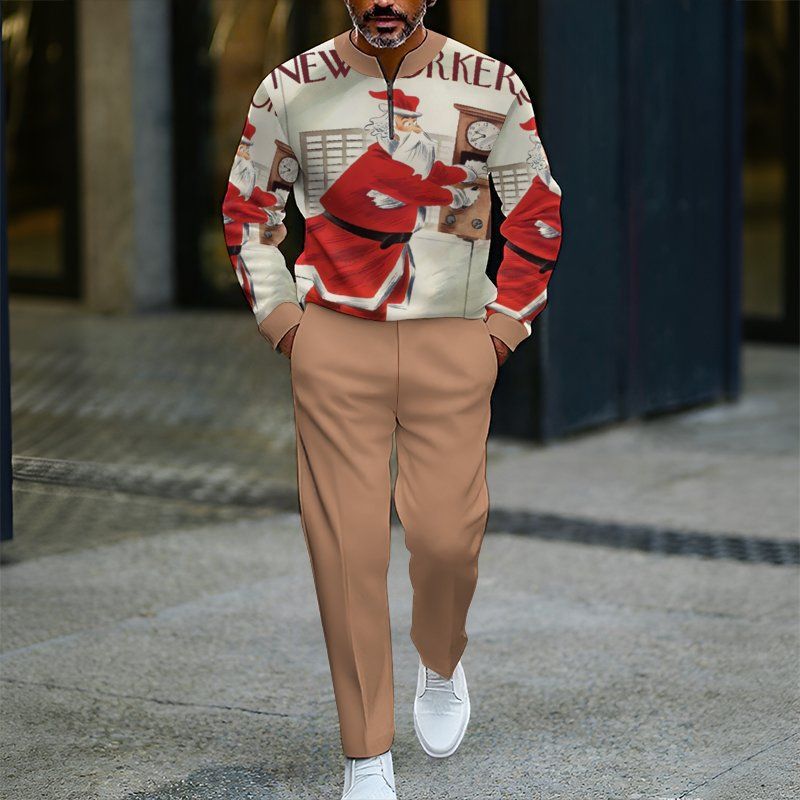 2025 European And American Foreign Trade Christmas Men's Loose And Casual Two-piece Set Contrasting Color Stand-up Collar Zipper Sweater Trousers Set_voghion.com