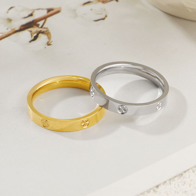 2024 New Gold Color Plain Band Rice Pattern Diamond Ring Non-Fading Titanium Steel Niche Design Couple Rings Gift_voghion.com