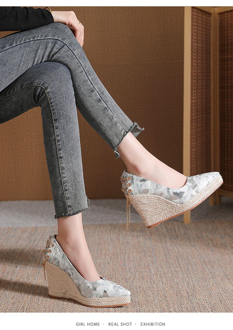 Women’s Shoes Wedge Heel Thick Bottom Pointed Toe Shallow Mouth High Heel Women's Single Shoes Straw Rope Bottom Large Size Shoes Shoes_voghion.com