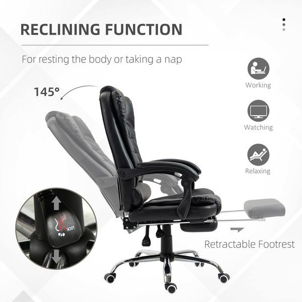 HOMCOM High Back Ergonomic Executive Office Chair, PU Leather Computer Chair With Retractable Footrest, Lumbar Support, Padded Headrest And Armrest,_voghion.com