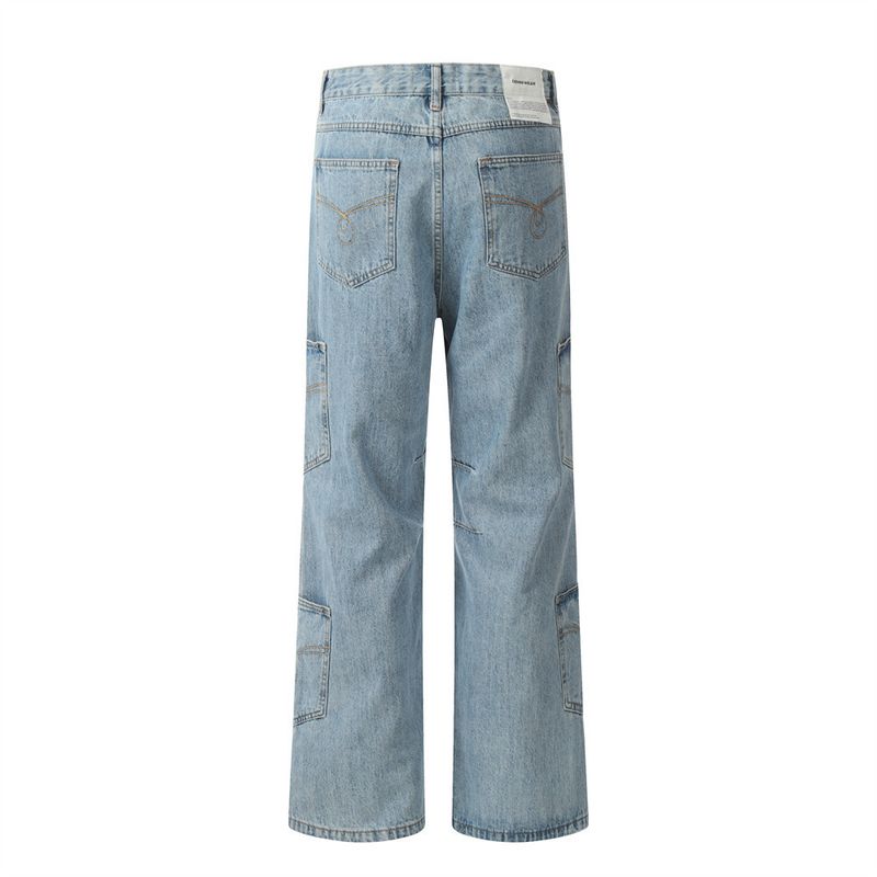 Design Sense, pantaloni cargo in denim multitasche da uomo, lavato, con tasca applicata ricamata, personalità di nicchia, gamba dritta_voghion.com