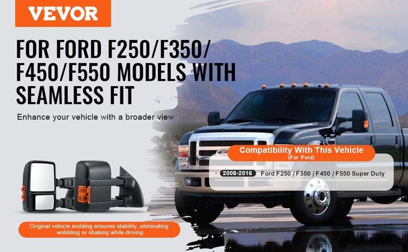 VEVOR Towing Mirrors, Left & Right Pair Set For 2008-2016 Ford F250 F350 F450 F550, Power Heated With Signal Light, Plane & Convex Glass, Manual Controlling Telescoping Folding, Heating Defrost, Black_voghion.com