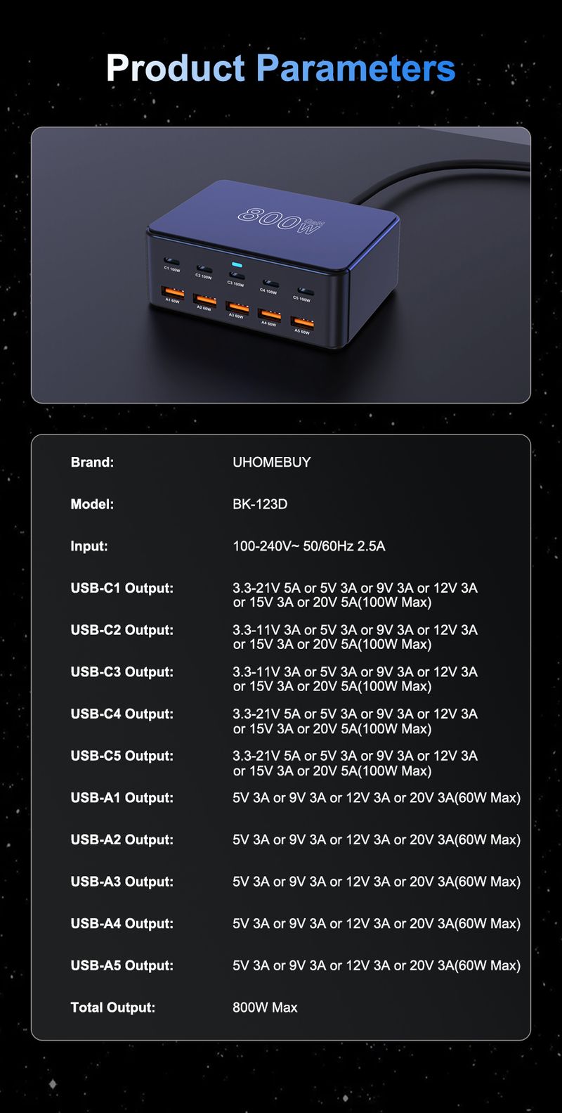 800 W USB C GaN Ladegerät 100 W PD3.0 PPS QC3.0 Multiport-Schnellladestation für iPhone 15 16 Samsung Book Pro Laptops_voghion.com