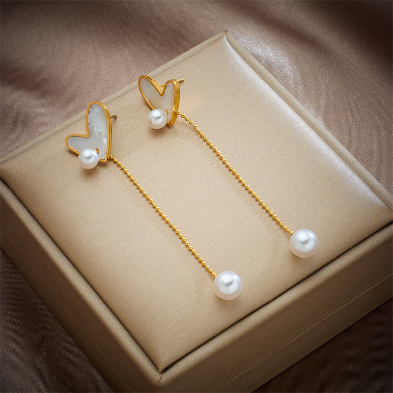 Korean style simple personality temperament advanced niche pearl love round bead chain tassel versatile earrings_voghion.com