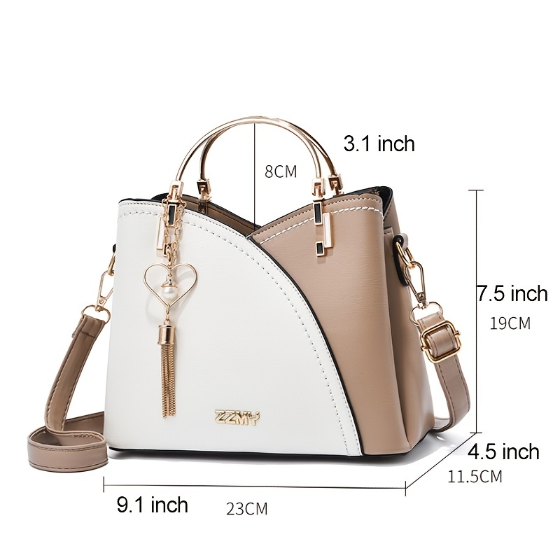 Geantă tip ghiozdan cu blocuri de culoare, geantă crossbody la modă cu ciucuri metalice, poșetă tip inel pentru femei (_voghion.com