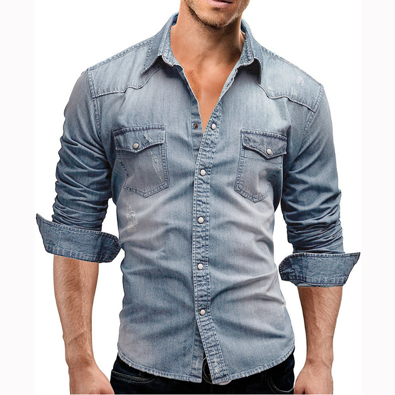 Neu Langarm Stil Jugend Casual Einfarbig Patchwork Denim Shirt männer_voghion.com