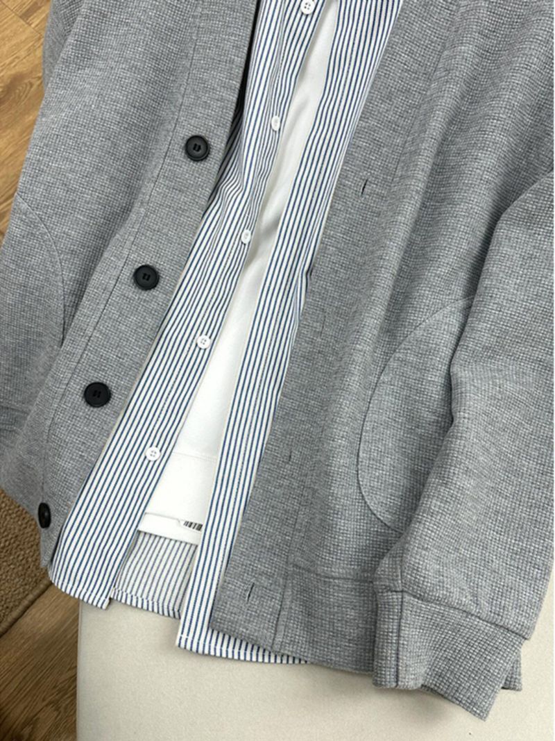 Men's Clothing Men's Waffle Knit Cardigan - Oversized V-Neck Open Front Jacket (Black/Grey, M-XXXL)_voghion.com