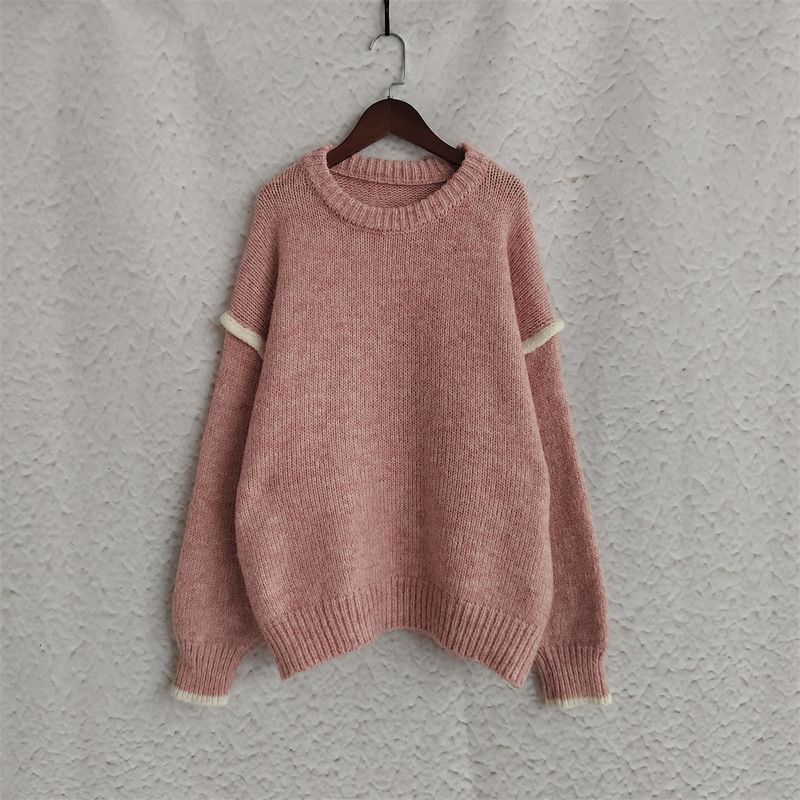 Pull en maille patchwork pour femme – Pull oversize à col rond et tissu épais et chaud (rose/gris/beige/kaki, S/M/L)_voghion.com