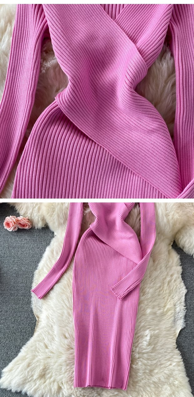 Abito maglione da donna di media lunghezza attillato in vita con scollo a V profondo_voghion.com