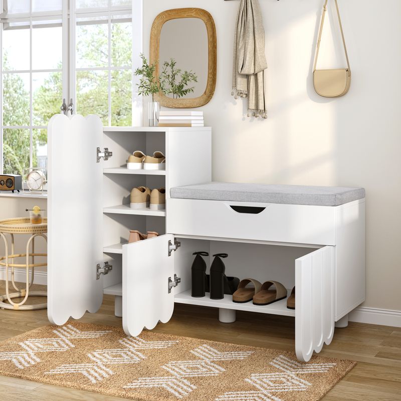 Meuble à chaussures moderne à 3 portes avec tiroir et coussin d'assise – Banc de rangement à chaussures blanc pour couloir, gain de place – Élégant meuble à chaussures d'entrée_voghion.com