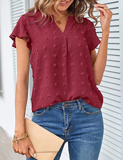 Camisas de gasa con volantes y cuello en V para el verano_voghion.com