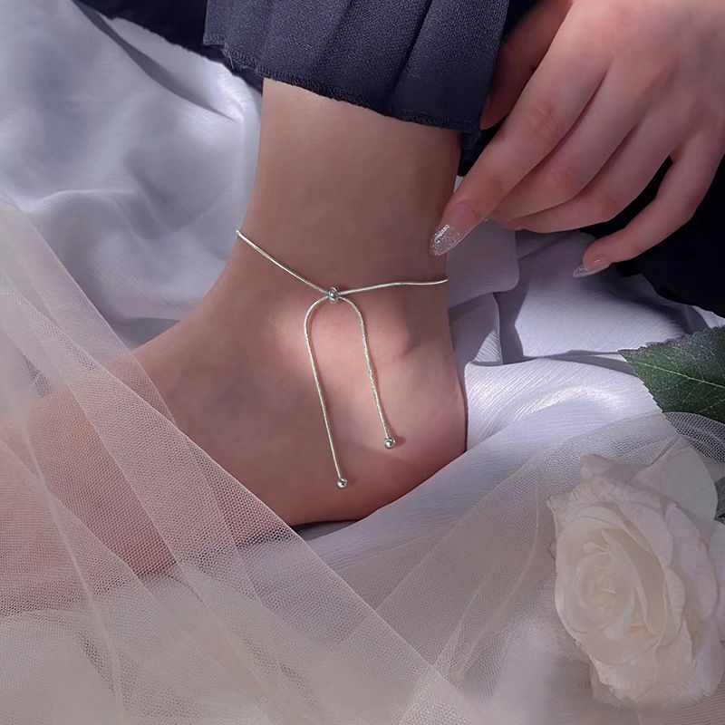 Cavigliera regolabile in argento puro con perline di posizionamento e osso di serpente per donna, estate, nicchia, senso di fascia alta, catena semplice per piede_voghion.com