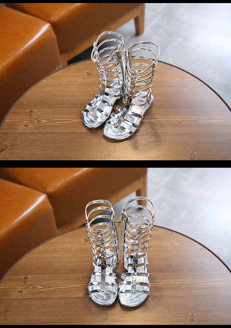 2025 Sommer Neue Kinder Nieten Sandalen Mädchen High Top Lange Hohe Röhre Stern Offene Spitze Römische Schuhe Student Sandalen_voghion.com