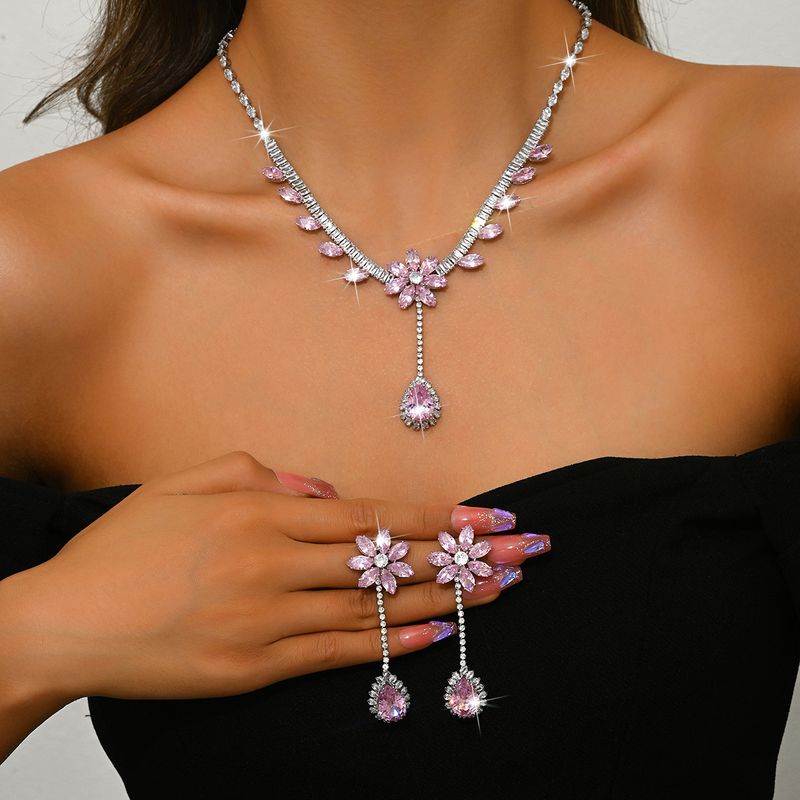 Women's Jewelry Set Fashion Trend Zircon Luxury Necklace Earrings Set Hot Style Wearing Skirt Pink Flower Tassel_voghion.com