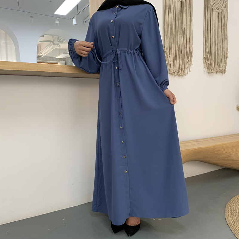 Roupas femininas nova moda muçulmana lapela cor sólida botão completo vestido fino saia longa_voghion.com