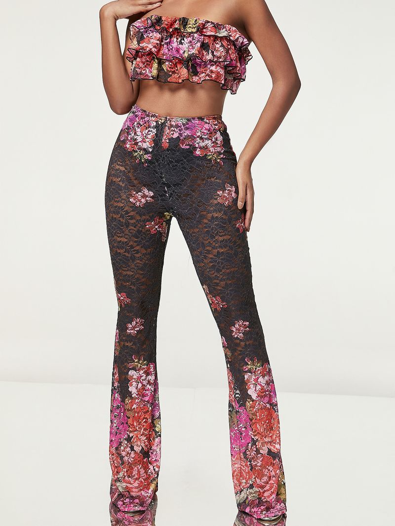 Women's Fashion Super Design Sense Unique Print Tube Top Tight See-through Lace Flared Pants_voghion.com