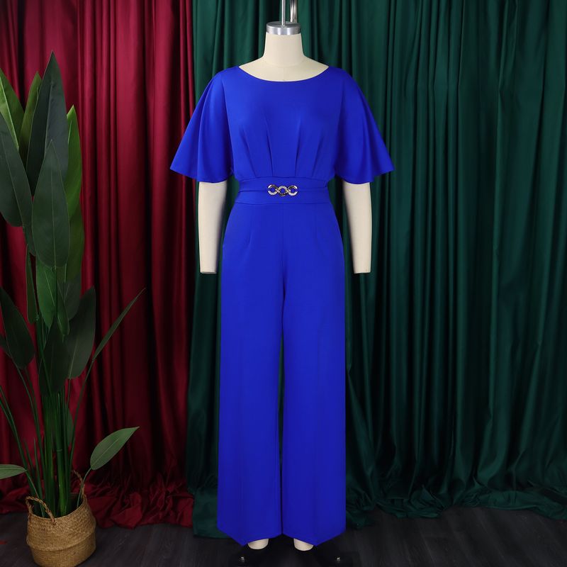 Roupas femininas moda verão feminina gola redonda cor sólida cintura alta tamanho grande perna larga macacão_voghion.com