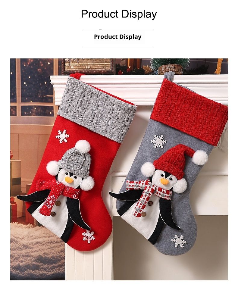 001 Cross-Border Neue graue dreidimensionale Pinguin-Weihnachtssocken für Kinder, Geschenktüte_voghion.com