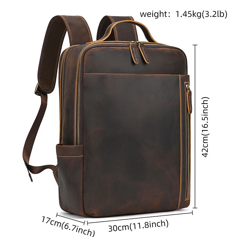 Top Layer Rindsleder Herren Crazy Horse Business-Rucksack mit großer Kapazität 16 Zoll lässige Reisetasche aus echtem Leder_voghion.com