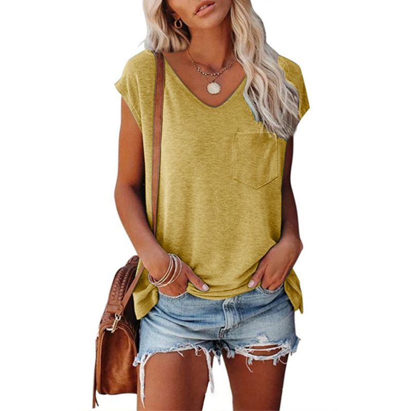 Women's 2025 Solid Color Tank Top Pocket V-neck Shoulder Short Sleeve T-shirt For Women_voghion.com