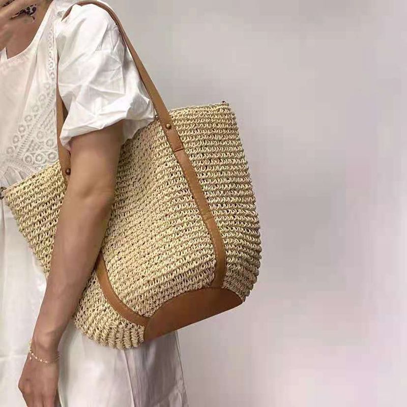 Borsa a secchiello grande capacità, borsa a tracolla in paglia intrecciata, borsa casual da donna, estate 2025_voghion.com