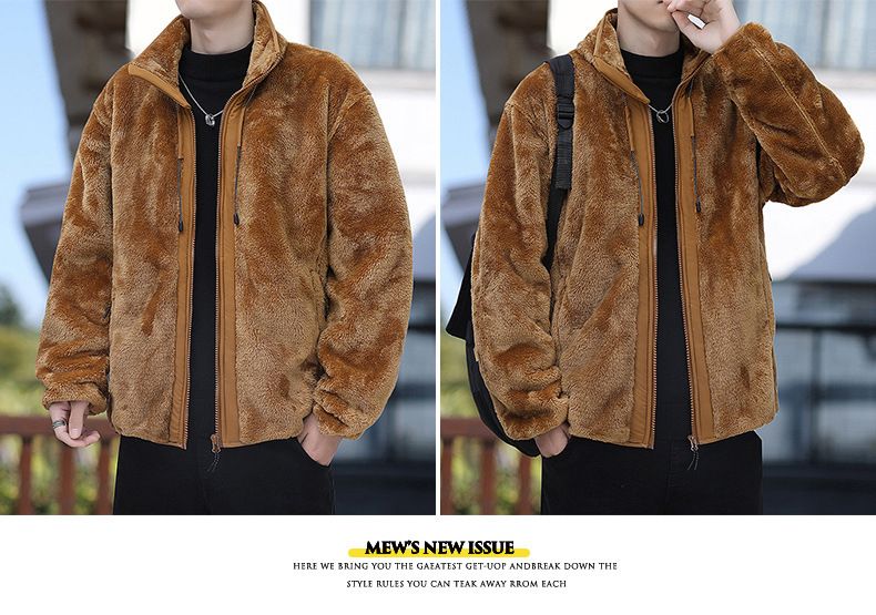 Giacca in pile foderata in sherpa da 400 g – Cappotto invernale con cerniera, vestibilità oversize coreana, collo alto antivento (M-XXXXL, nero/verde militare/caramello)_voghion.com