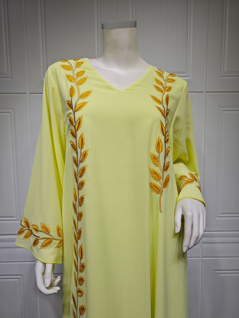 Damenmode Street Chiffon langes muslimisches besticktes rosafarbenes Rundhalskleid mit Hijab_voghion.com