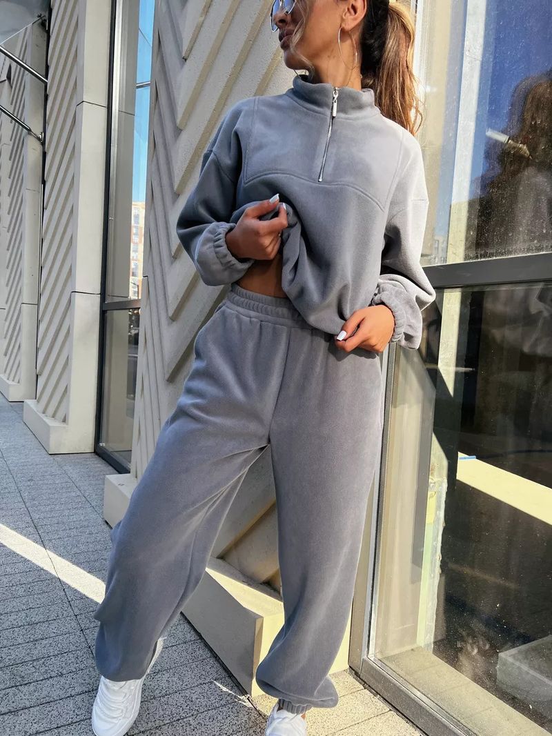 Lässiges Set aus Fleece-Kapuzenpullover und Jogginghose für Damen – locker sitzendes Sweatshirt mit Stehkragen und Hose mit elastischem Bund (Beige, Dunkelgrau, Khaki)_voghion.com