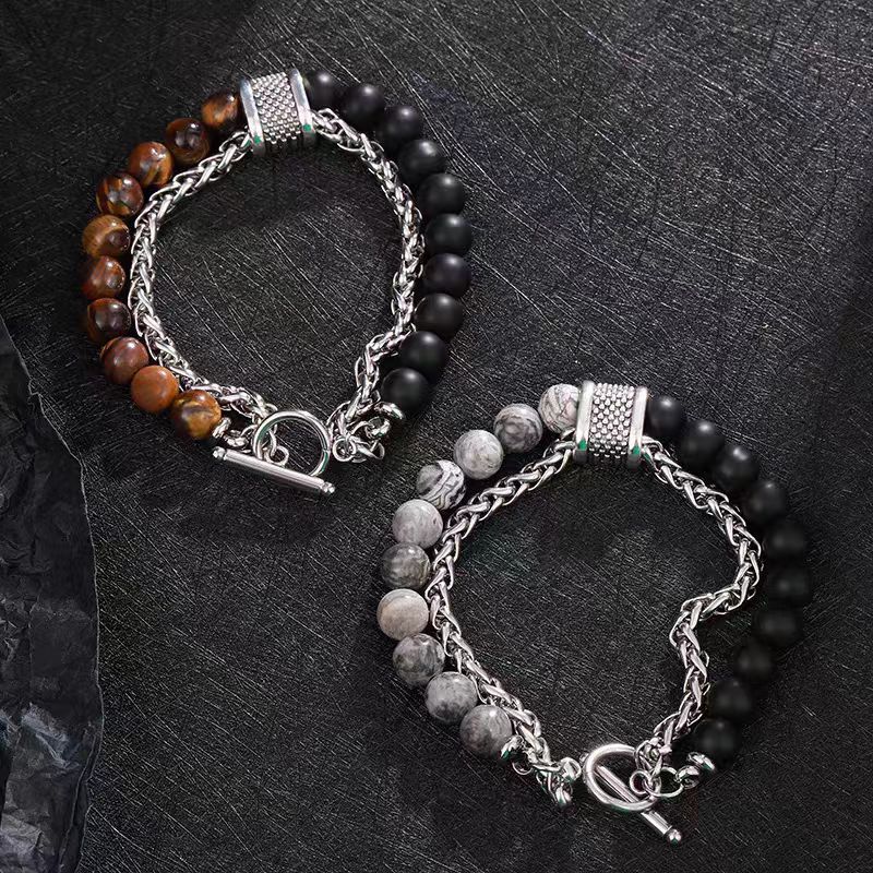 Tiger Eye Stone Luck Beads Titanium Steel Bracelet Men's Non Fading Personality Versatile Women's High End Handmade Accessories Bracelet_voghion.com