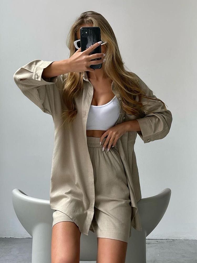 Audday 2024 Spring New Solid Color Single-Breasted Long Sleeve Shirt Loose Fashion Casual Shorts Set_voghion.com
