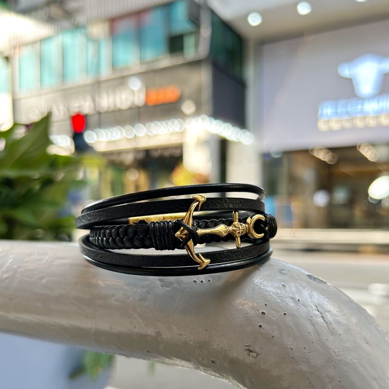 American Jewelry Internet Celebrity High-End Black Multi-Layer Cowhide For Men Stainless Steel Gold-Plated Anchor_voghion.com