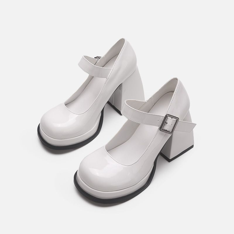 Höga klackar för kvinnor chunky retro Mary Jane plattformsplattform läderbälte med rund tå_voghion.com