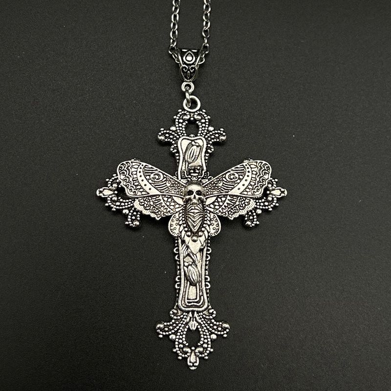Collana con ciondolo a forma di croce con falena grande, in filigrana naturale, stile vittoriano vintage, stile gotico, ottimo regalo per lei, amuleto di protezione_voghion.com