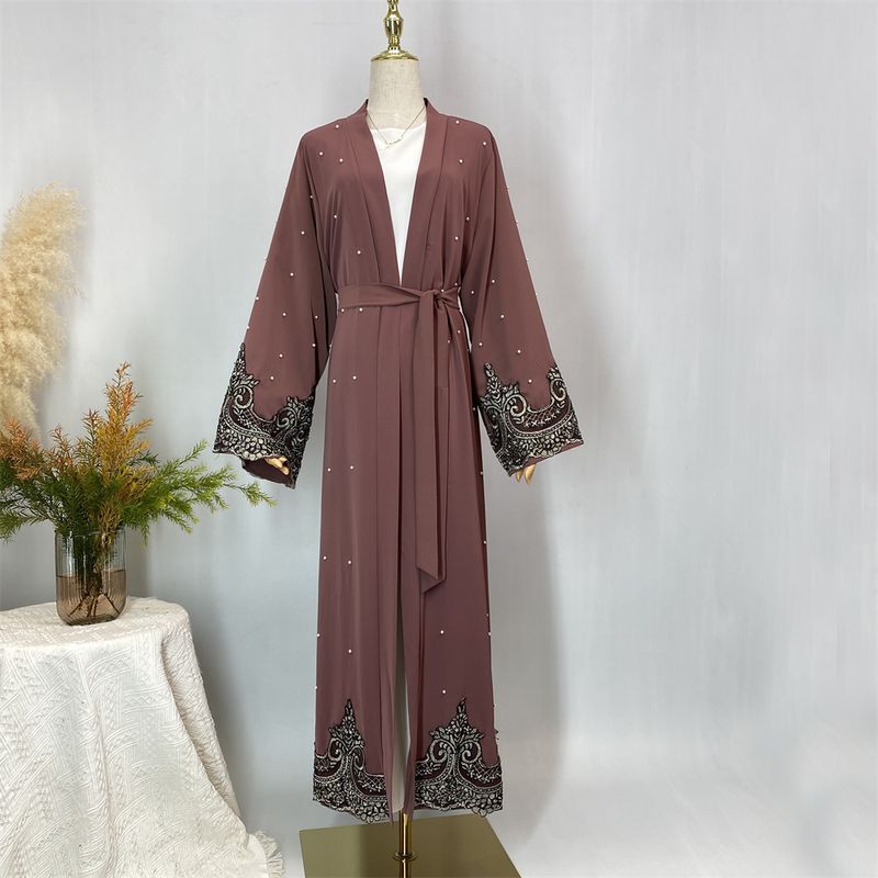 Vestiti da donna Abaya aperti in pizzo con perle, design alla moda musulmana, kimono lungo, kaftano, abiti islamici di Dubai per le donne_voghion.com